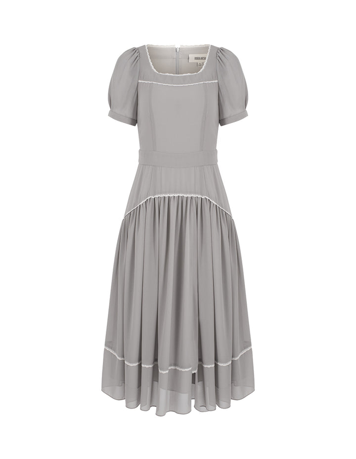 BORA AKSU Diamond-Neck Puff Short Sleeve Empire-Waist Lace-Trim Pleated Dress