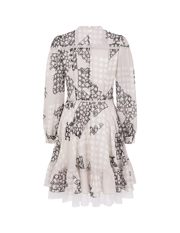 BORA AKSU French V-Neck Lace-Embellished Pleated Printed Dress