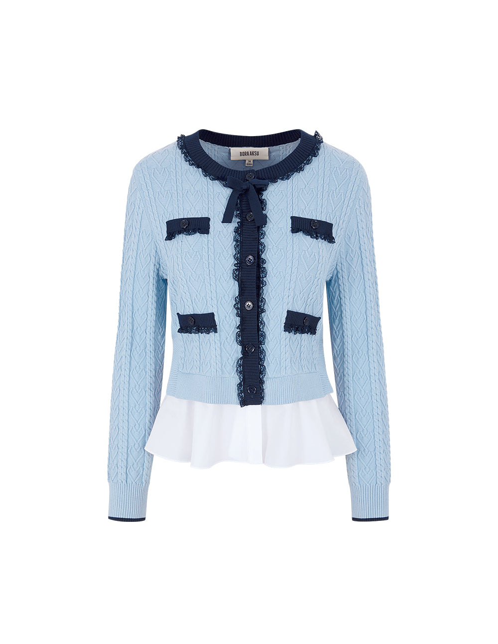 BORA AKSU Round-Neck Lace-Striped Patchwork Cropped Knit Cardigan