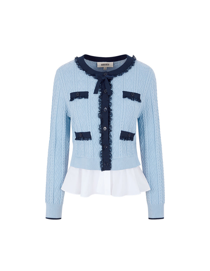 BORA AKSU Round-Neck Lace-Striped Patchwork Cropped Knit Cardigan
