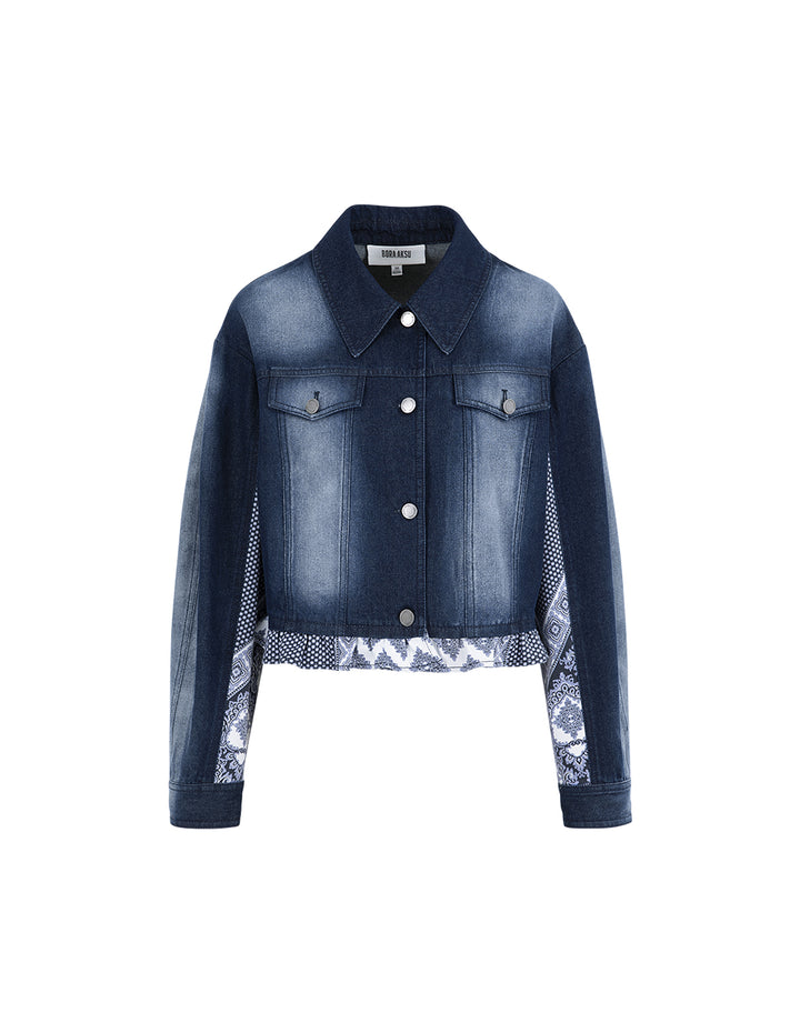 BORA AKSU Printed Patchwork Distressed Denim Washed Jacket