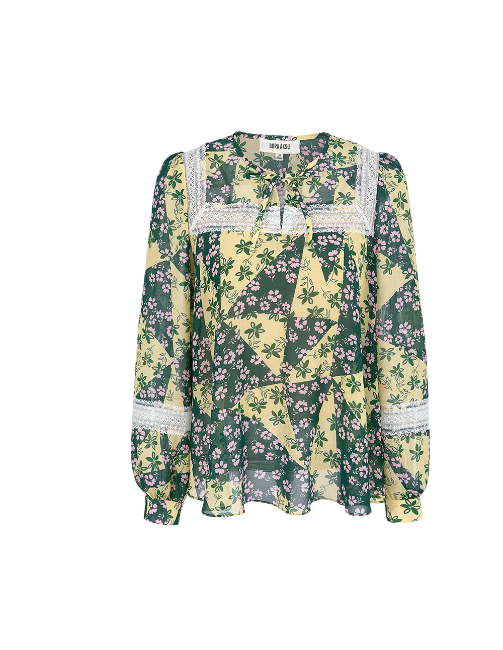 BORA AKSU Bubble Sleeve Tie-Neck Floral Print Blouse