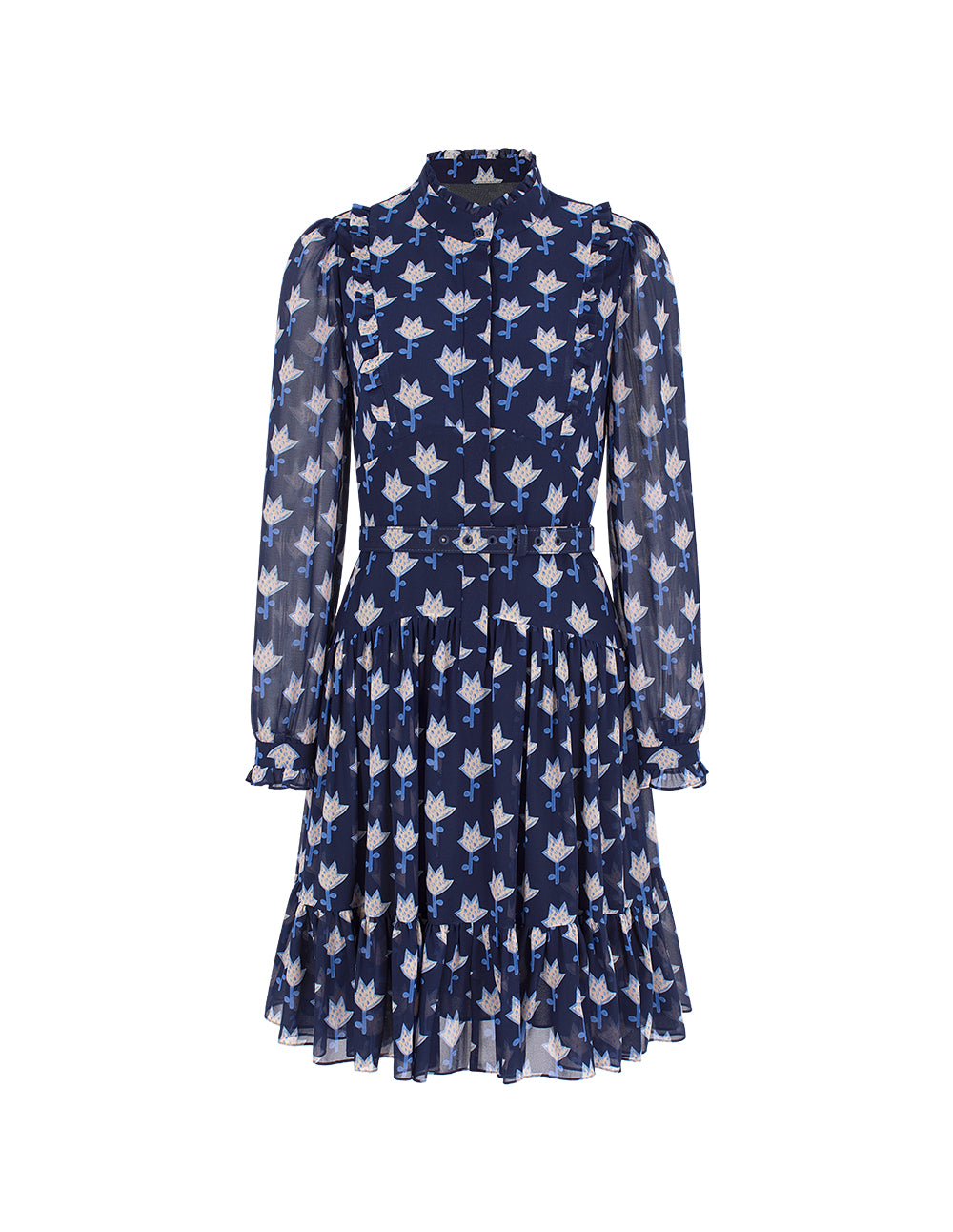 BORA AKSU Ruffle Collar Long Bubble Sleeve Floral Printed Trumpet Dress