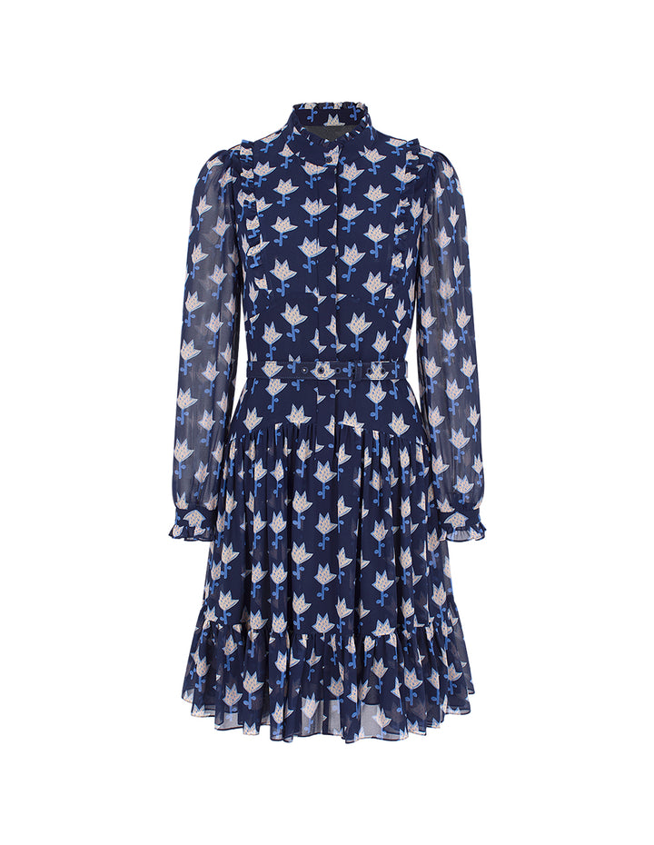BORA AKSU Ruffle Collar Long Bubble Sleeve Floral Printed Trumpet Dress