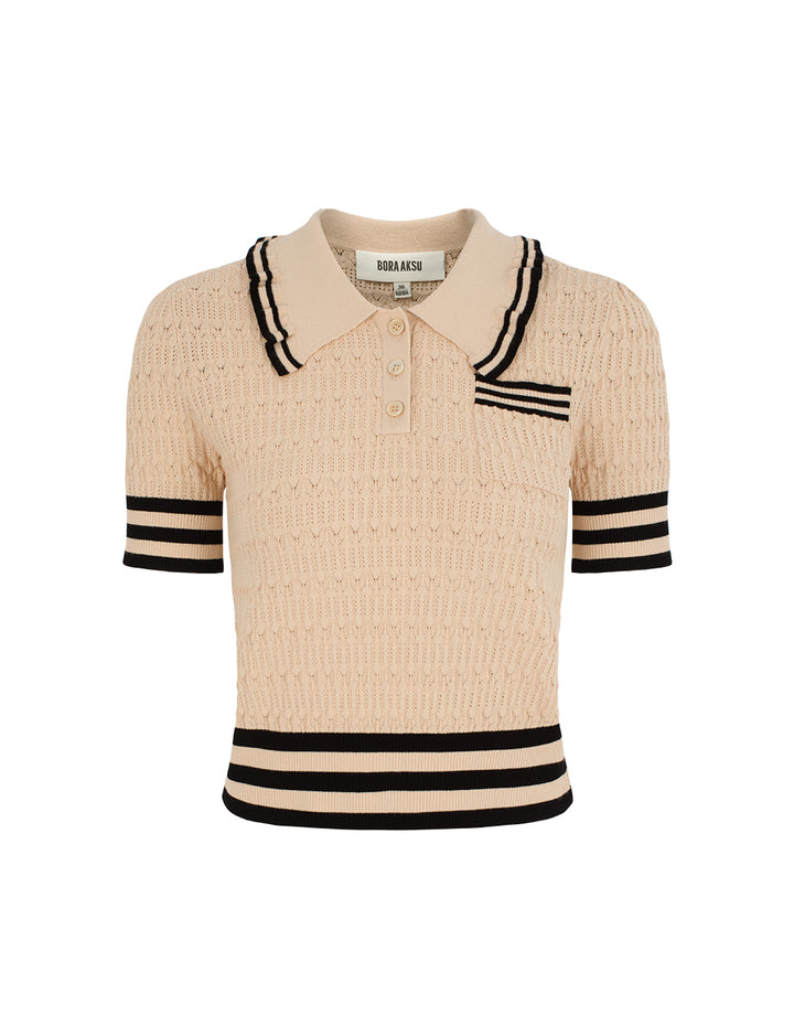 BORA AKSU Lapel Short-Sleeve Black Stripe Trim Pointelle Knit Sweater