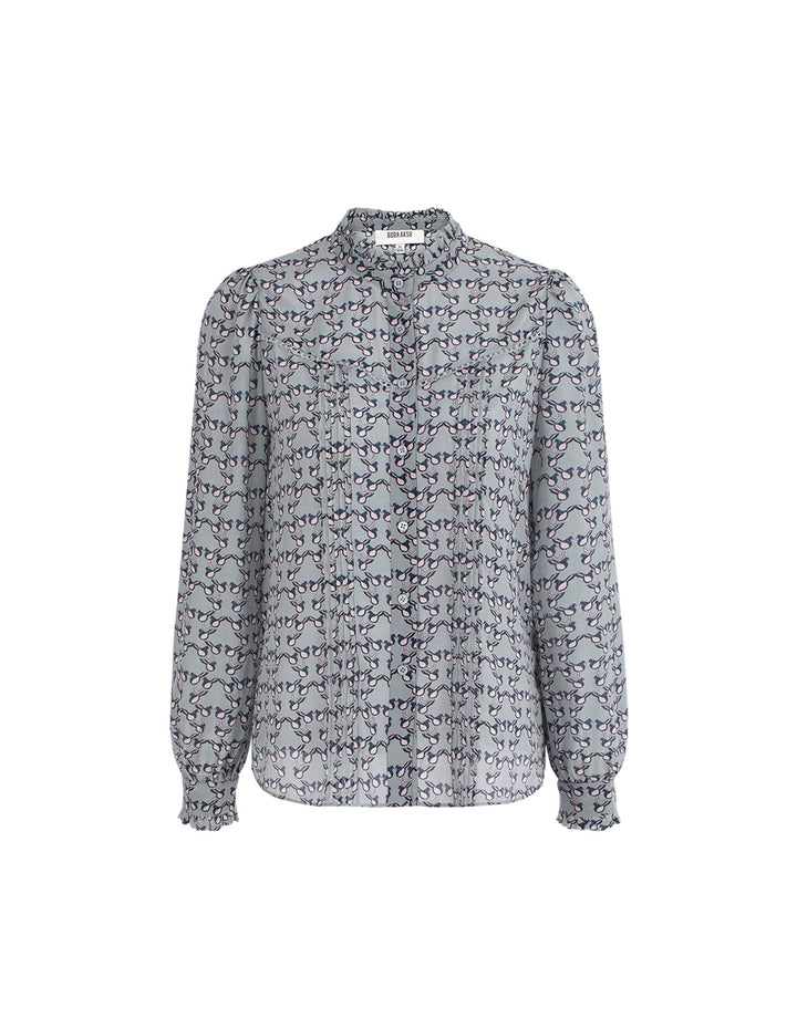 BORA AKSU Ruffled Stand Collar Long Sleeve Pin Tuck Floral Print Silk Blouse