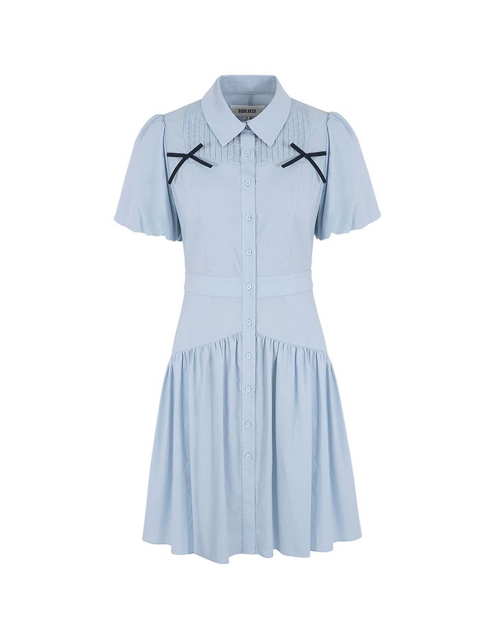 BORA AKSU Puff Sleeve Lapel Bow Pleated Dress
