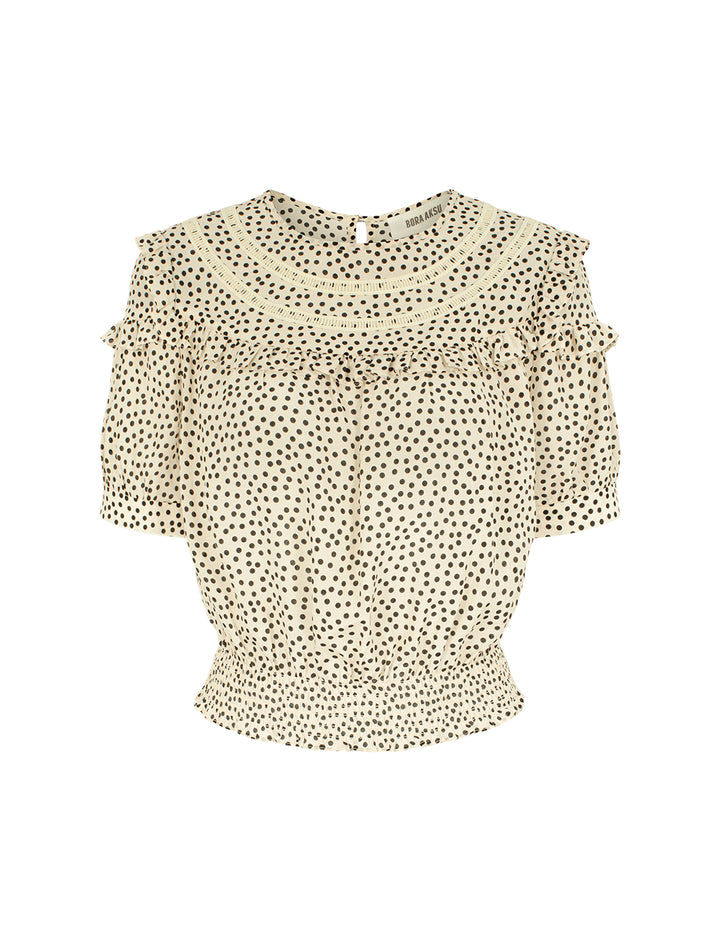 BORA AKSU Round Neck Puff Short-Sleeve Polka Dot Ruffle-Trim Top