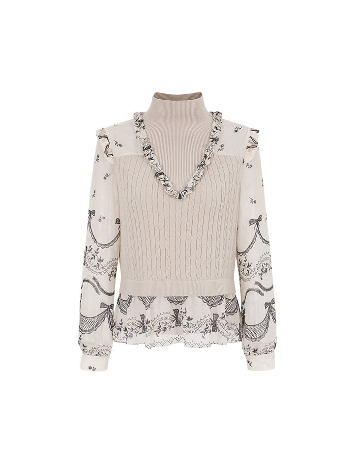 BORA AKSU Ribbed Mandarin Collar Patchwork Floral Print Knit Top