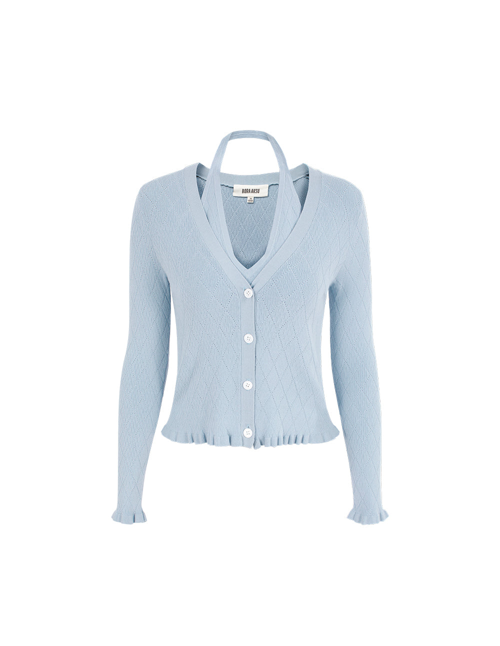 BORA AKSU Halter V-neck Ruffle Trim Patchwork 2-Piece Knit Cardigan