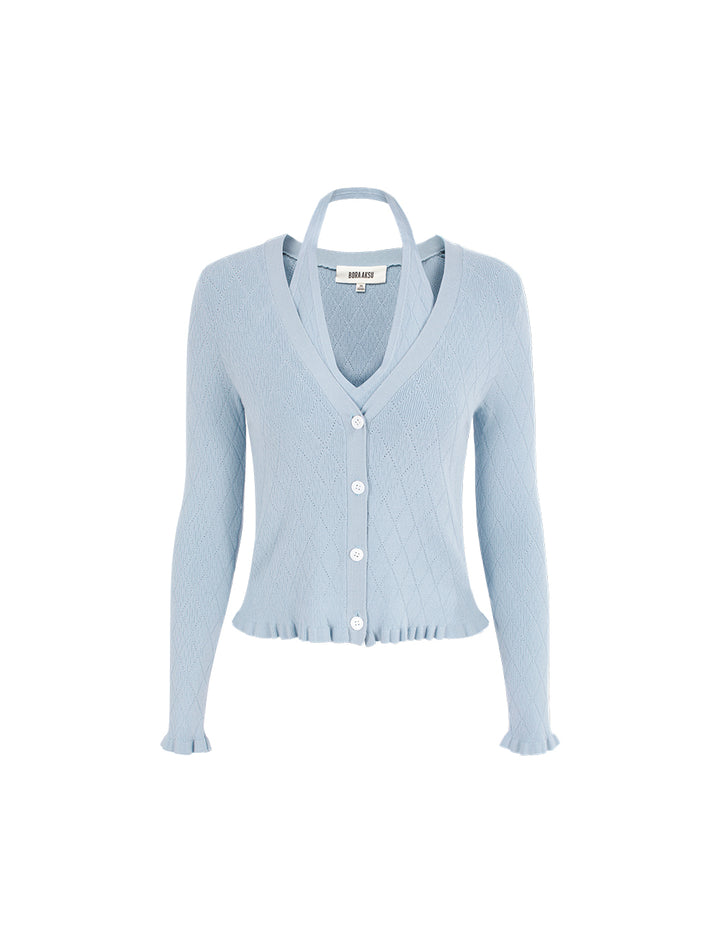 BORA AKSU Halter V-neck Ruffle Trim Patchwork 2-Piece Knit Cardigan