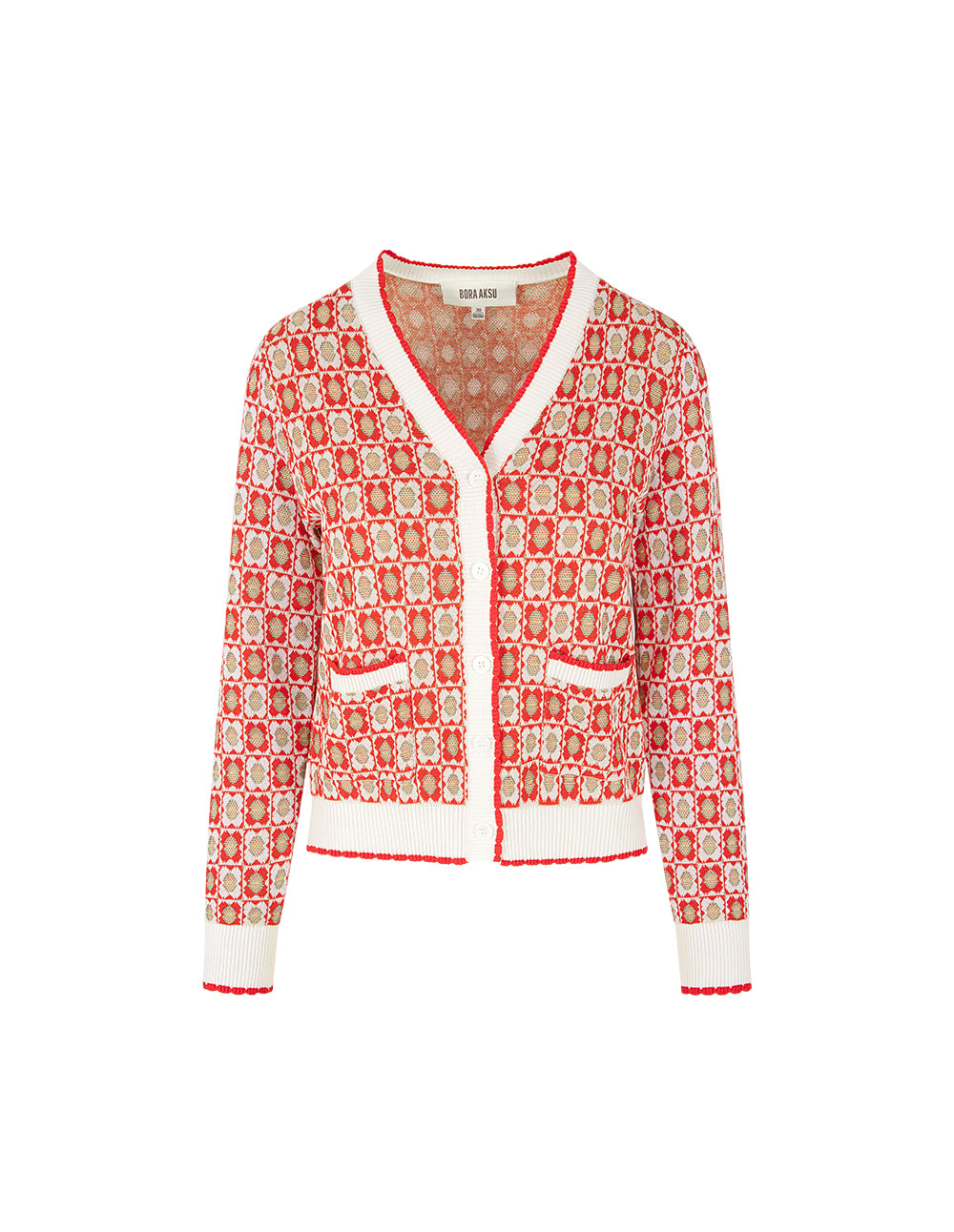 BORA AKSU V-Neck Checkered Trim Knit Cardigan