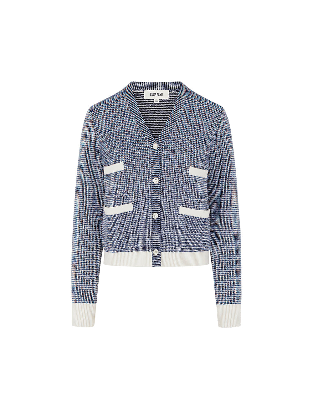 BORA AKSU V-Neck Striped-Trim Tweed Multi-Pockets Wool Cardigan