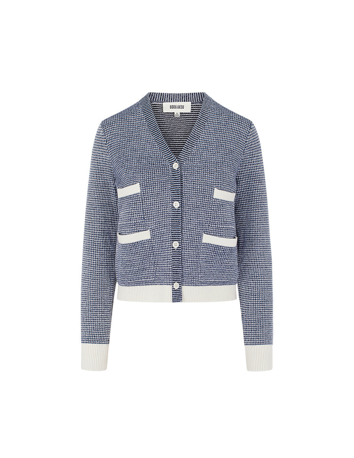 BORA AKSU V-Neck Striped-Trim Tweed Multi-Pockets Wool Cardigan