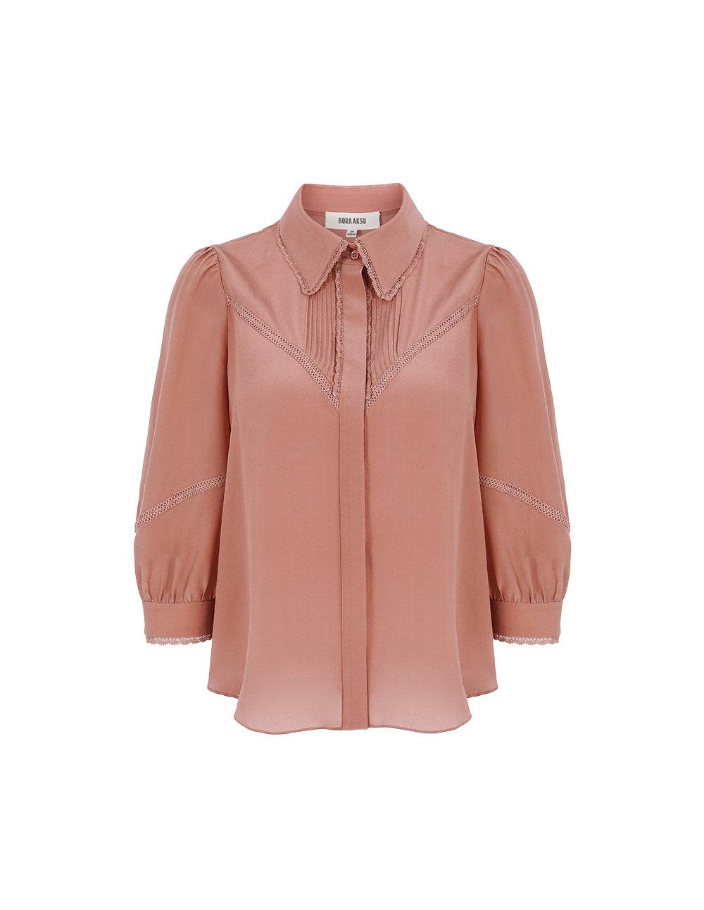 BORA AKSU Turn-Down Collar Long Sleeve Lace Trim Silk Blouse