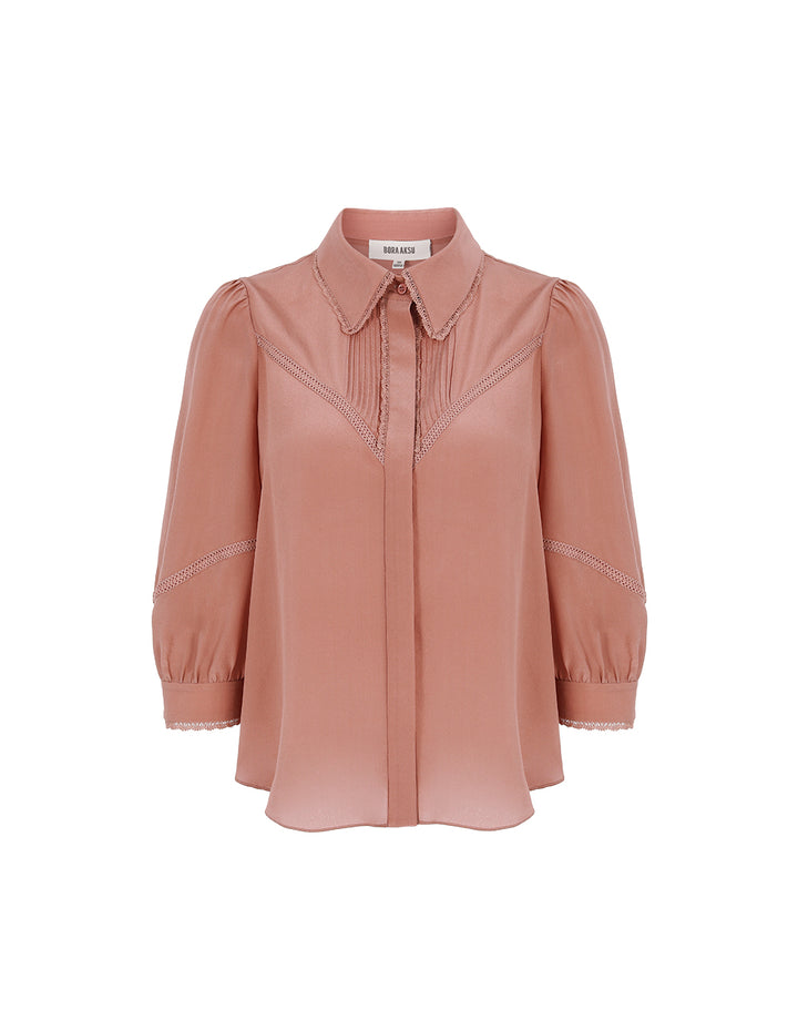 BORA AKSU Turn-Down Collar Long Sleeve Lace Trim Silk Blouse