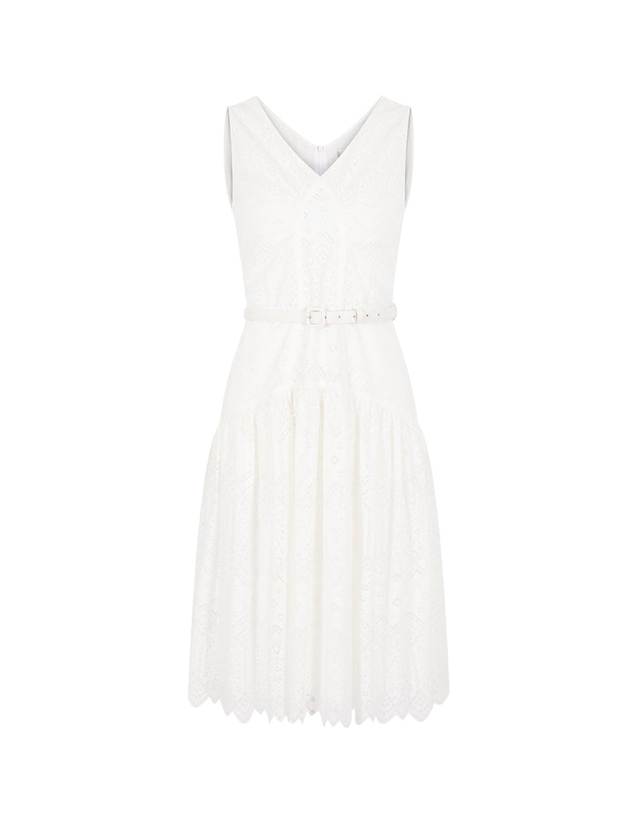 BORA AKSU V-Neck Sleeveless A-Line Embroidery Hollow Flowers Midi Dress