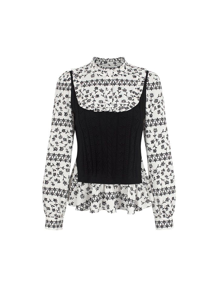 BORA AKSU Ruffled Turtleneck Long Sleeve Floral Patchwork Knit Top