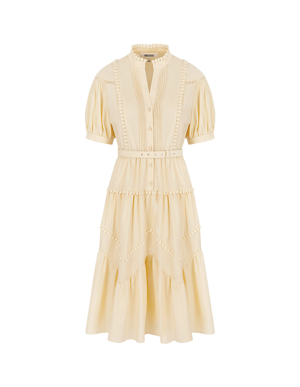 BORA AKSU Puff-Sleeve Shirt-Style Lace-Embellished Pleated Dress