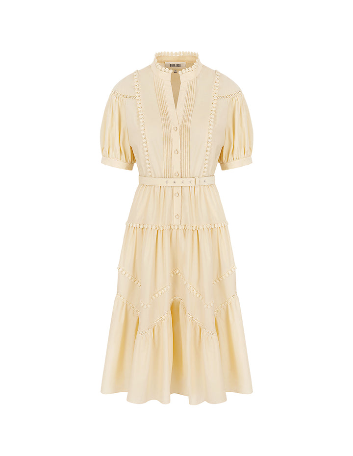 BORA AKSU Puff-Sleeve Shirt-Style Lace-Embellished Pleated Dress
