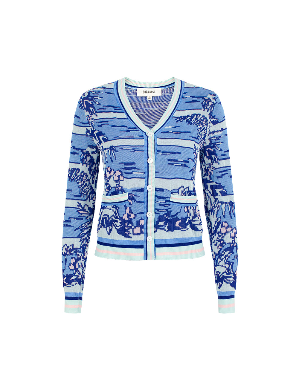 BORA AKSU V-Neck Long-Sleeves Floral Print Linen Blend Knit Cardigan