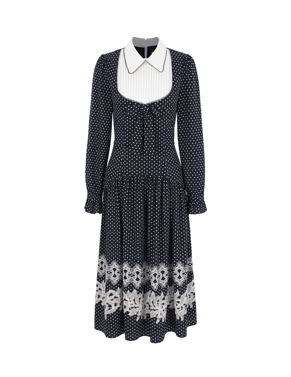 BORA AKSU Peter Pan Collar Pin-Tuck Puff Sleeve Lace Trim White Polka Dot Dress