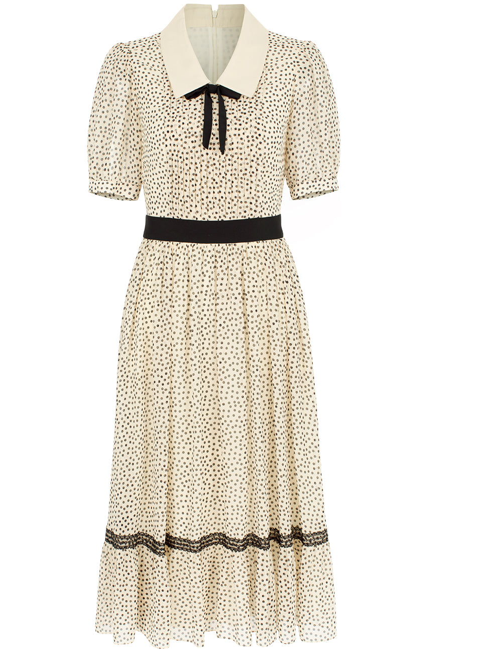 BORA AKSU Lapel Puff Short Sleeve Polka Dot Print Pleated Midi Dress