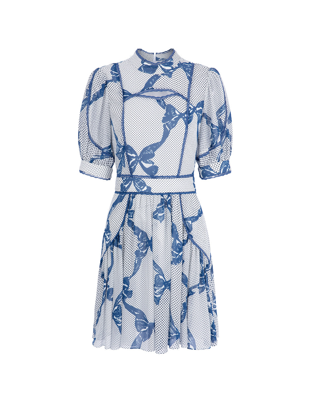 BORA AKSU French Stand Collar Puff Sleeve Bow Print Dress