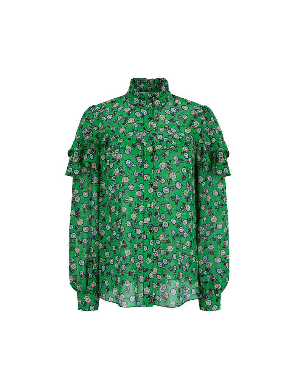BORA AKSU French Stand-Up Collar Puff Sleeves Ruffled Green Printed Blouse