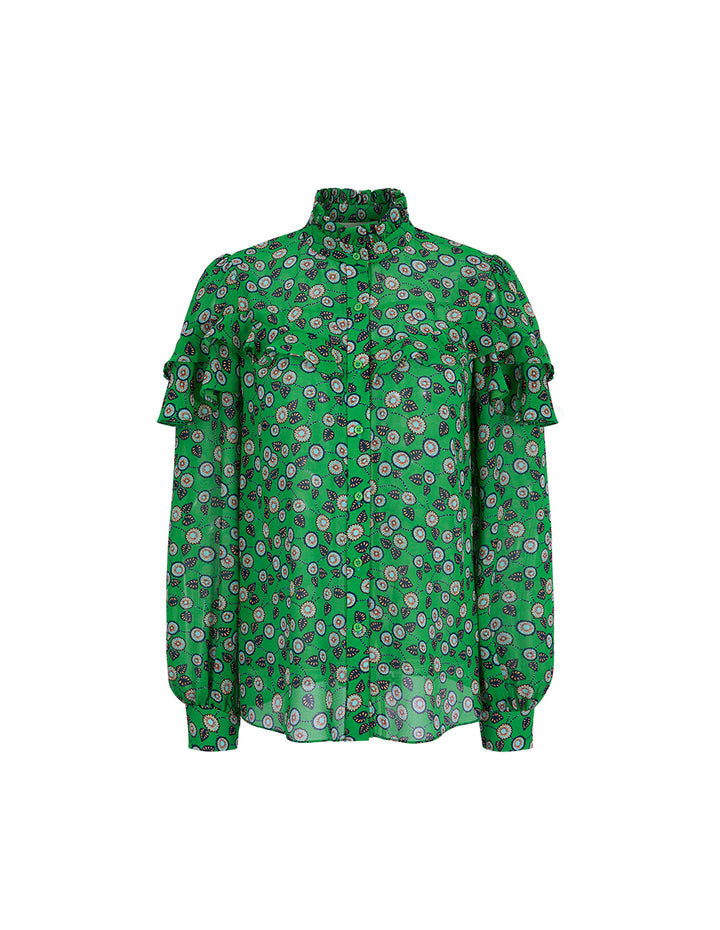 BORA AKSU French Stand-Up Collar Puff Sleeves Ruffled Green Printed Blouse