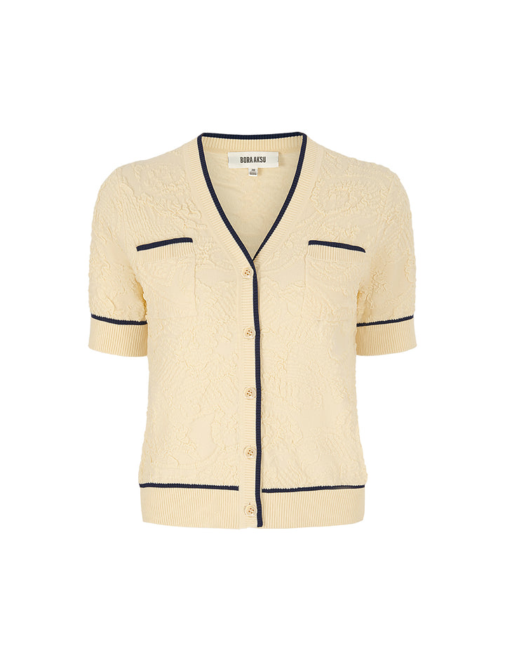 BORA AKSU V-Neck Short-Sleeve Striped-Trim Floral Embroidered Knit Cardigan