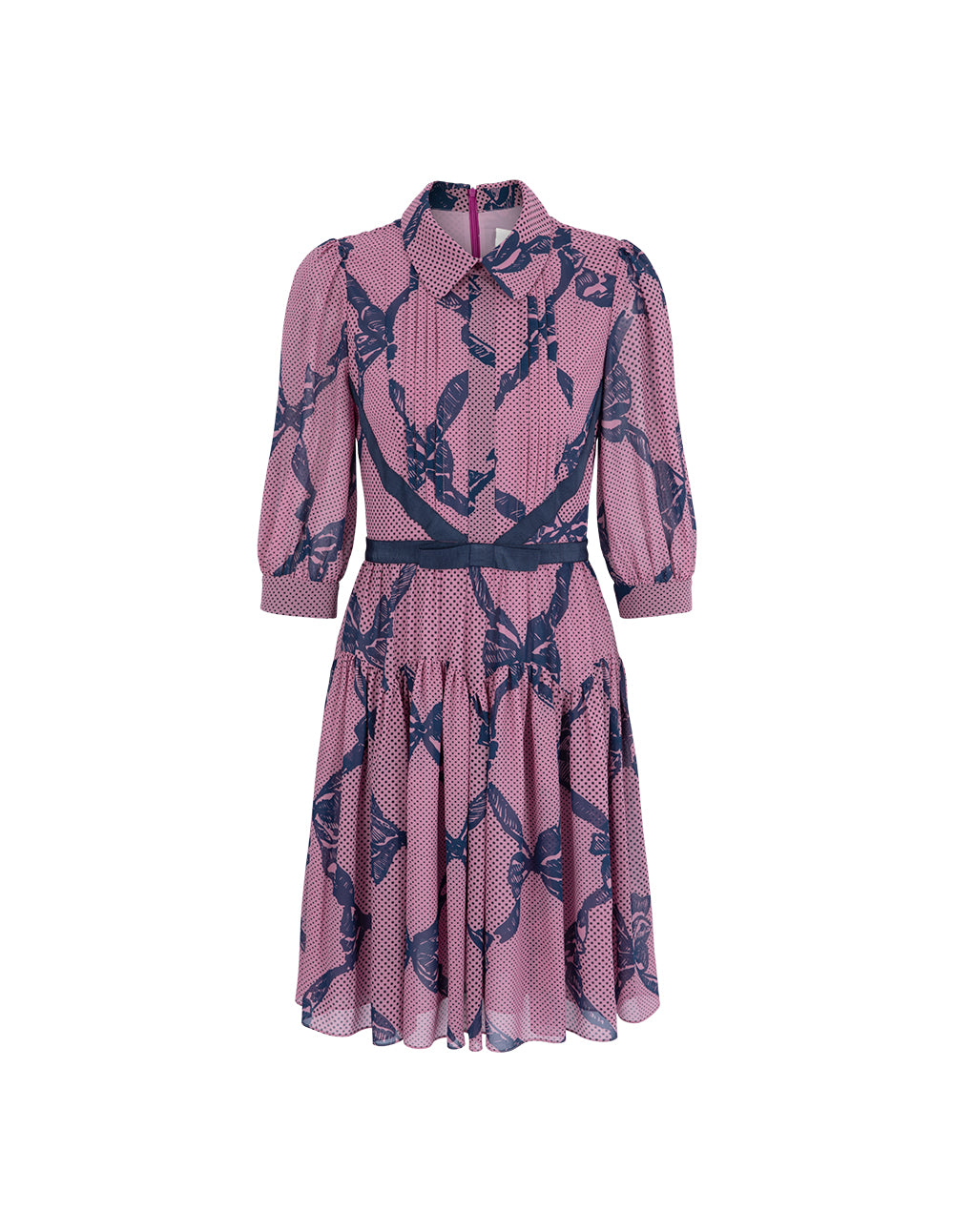BORA AKSU Puff Sleeve Shirt Collar Bow Print Dress