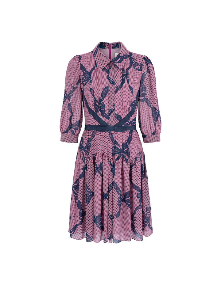 BORA AKSU Puff Sleeve Shirt Collar Bow Print Dress