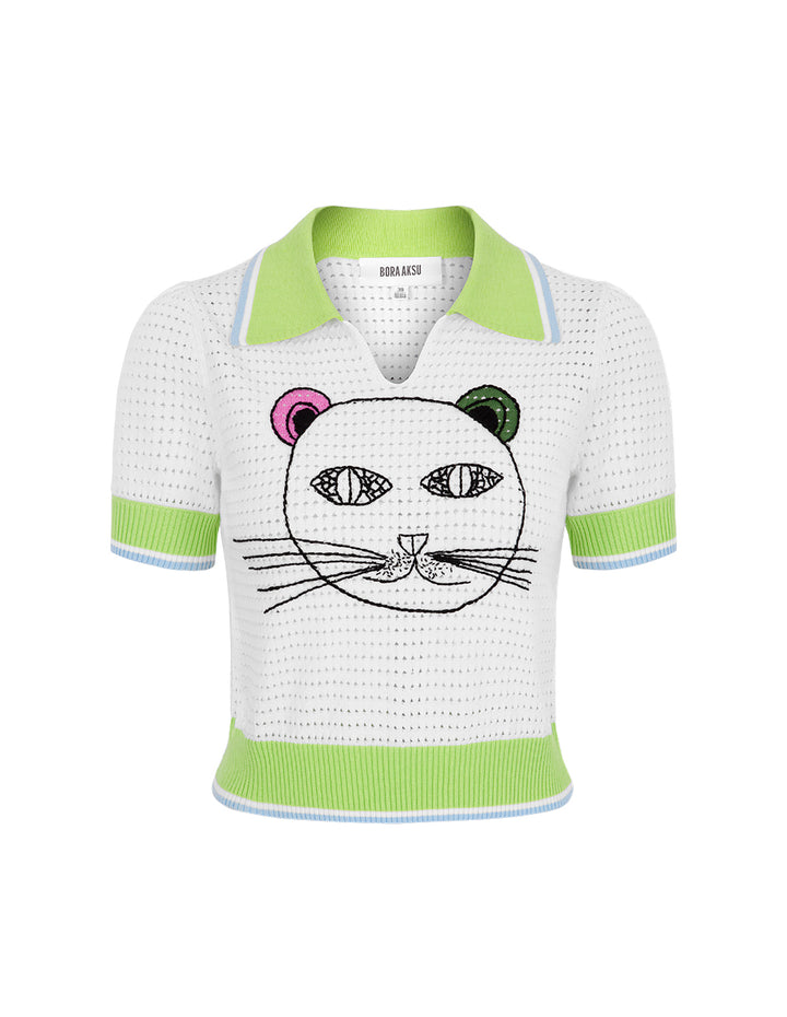 BORA AKSU Lapel Cutout Textured Cat Crochet Cropped Polo