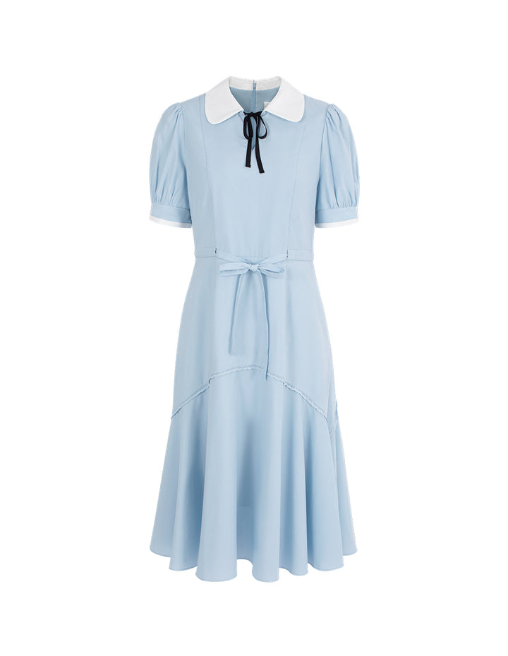 BORA AKSU Lapel-Collar Puff Short-Sleeve Lyocell Pleated Midi Dress