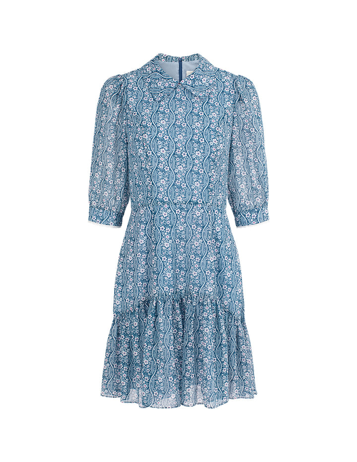 BORA AKSU Collared Puff-Sleeve Floral-Print Flounce Midi Dress