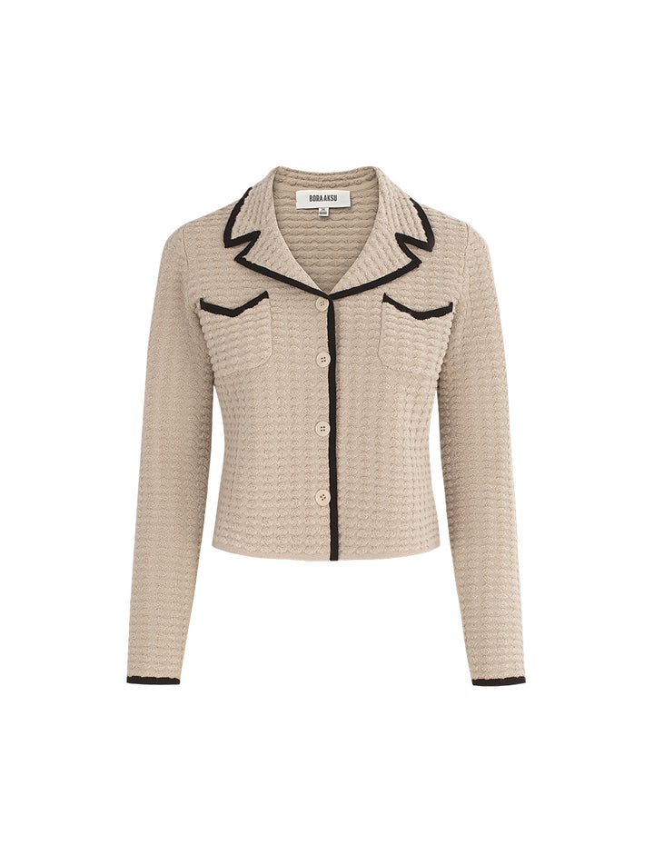 BORA AKSU Notched Collar Camel Black Trim Short Wool Jacquard Knit Cardigan