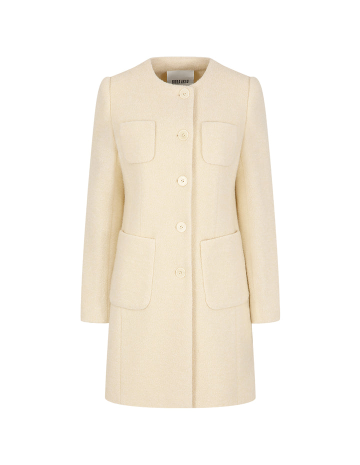 BORA AKSU Round Neck H-Type Single Breasted Milk White Wool Coat