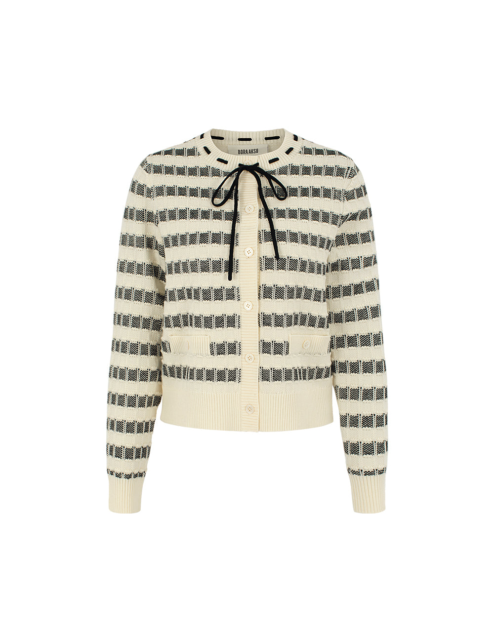 BORA AKSU Round Neck Tie Black & White Check Jacquard Full Wool Cardigan