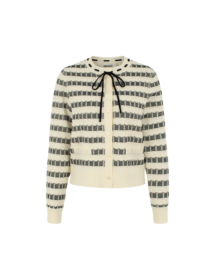 BORA AKSU Round Neck Tie Black & White Check Jacquard Full Wool Cardigan