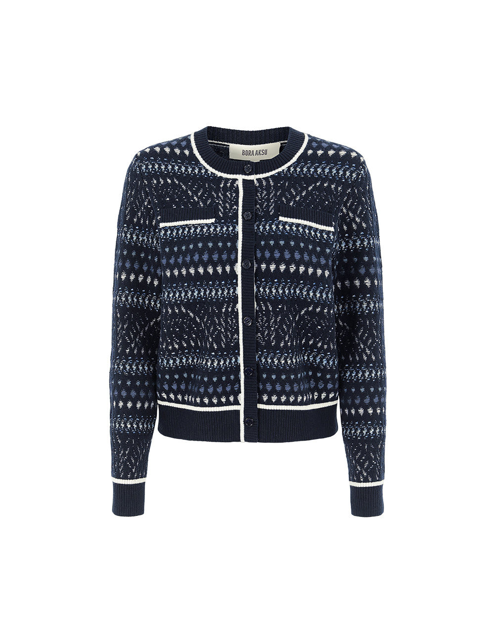 BORA AKSU Round Neck Navy Jacquard Long Sleeve Wool Cardigan