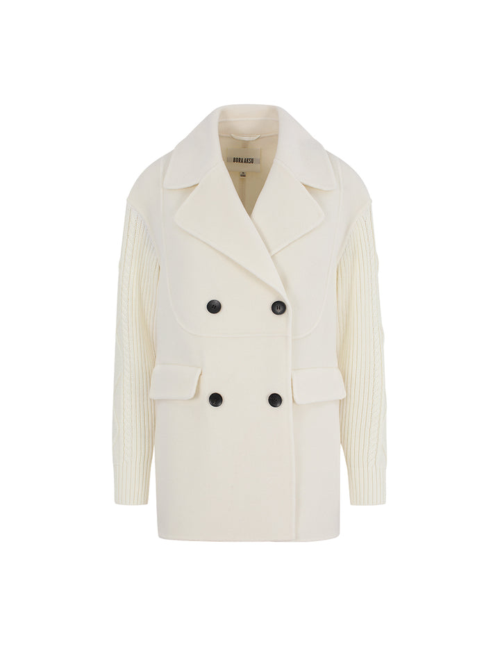 BORA AKSU Notch Lapel Double-Breasted Knit Sleeves Wool Blend Coat