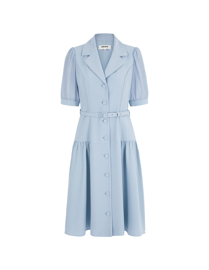 BORA AKSU Peaked Lapel Puff Short-Sleeve Single-Breasted Belted Pleated Midi Dress