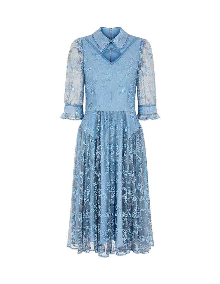 BORA AKSU French Puff Sleeve Shirt Collar Lace Pleated Dress