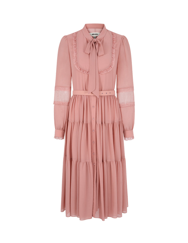 BORA AKSU Tie Collar Ruffle Trim Floral Print Midi Dress