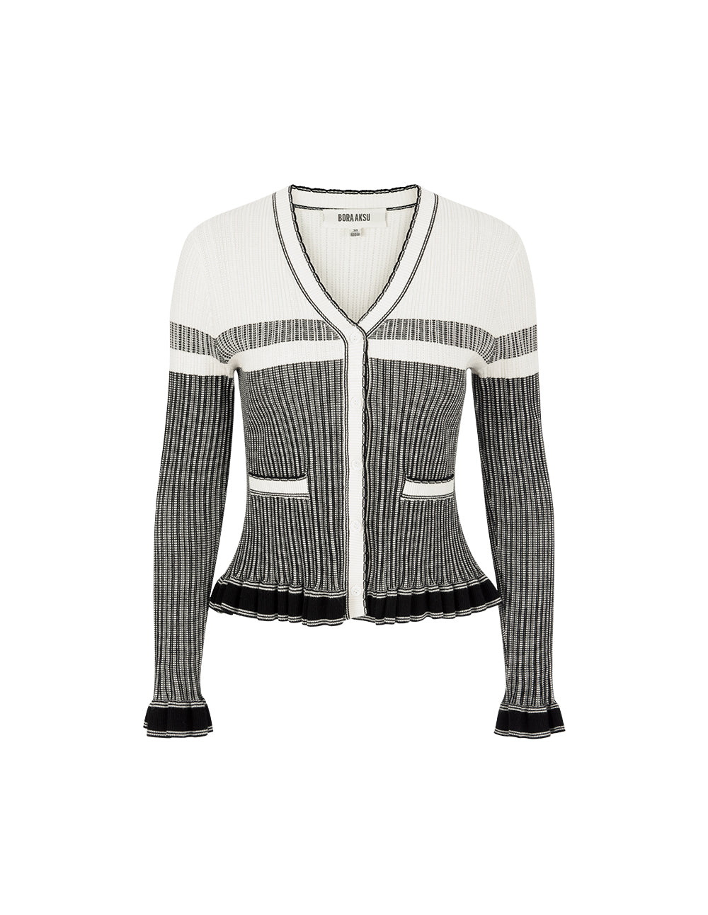 BORA AKSU V-Neck Long Sleeve Stripe Ruffle Trim Knit Cardigan