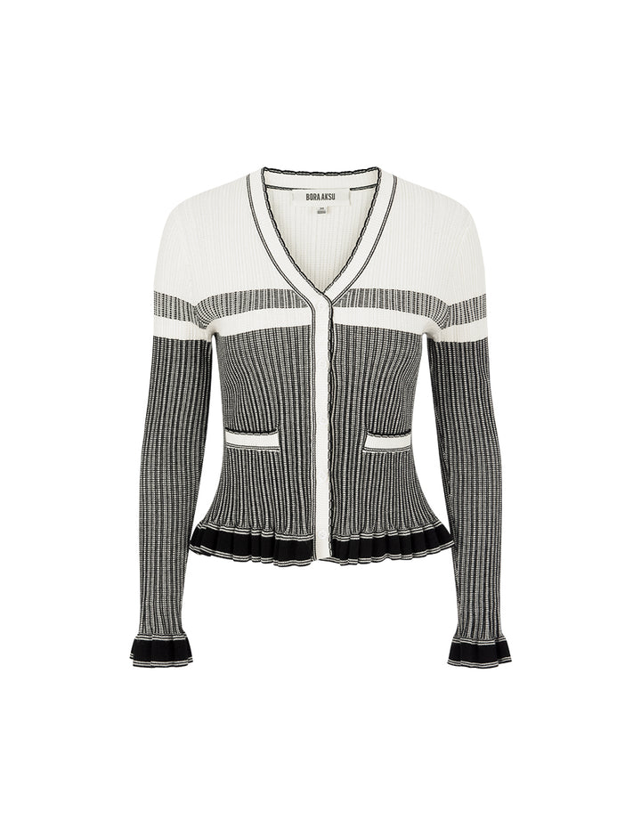 BORA AKSU V-Neck Long Sleeve Stripe Ruffle Trim Knit Cardigan