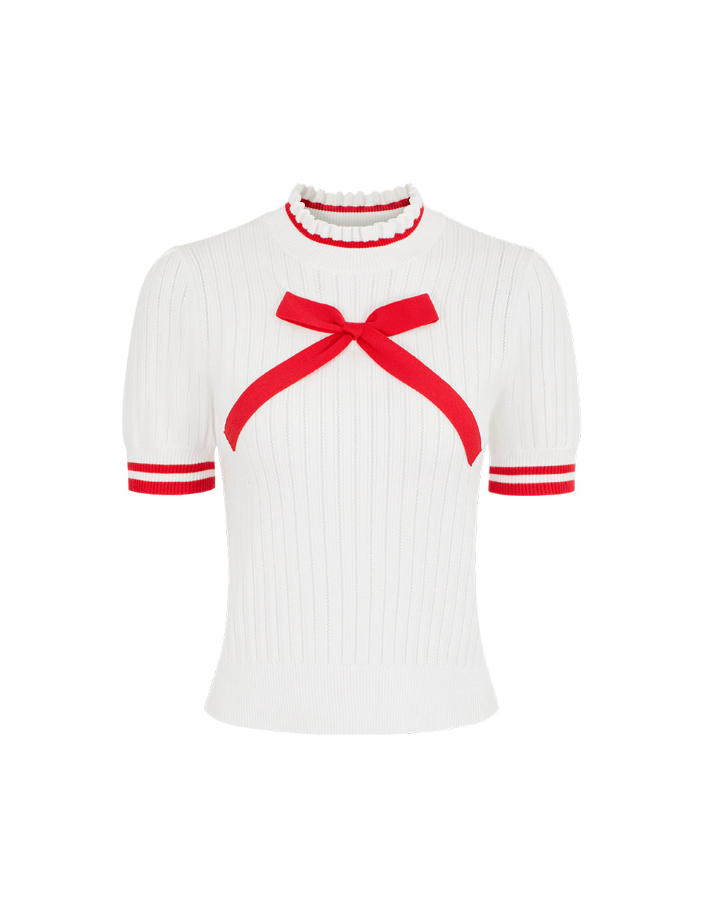 BORA AKSU Ruffled Stand-Collar Short-Sleeve Pointelle Knit Pullover With Bow Decoration