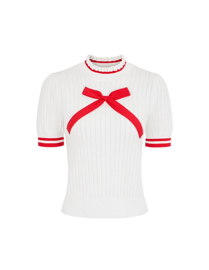 BORA AKSU Ruffled Stand-Collar Short-Sleeve Pointelle Knit Pullover With Bow Decoration