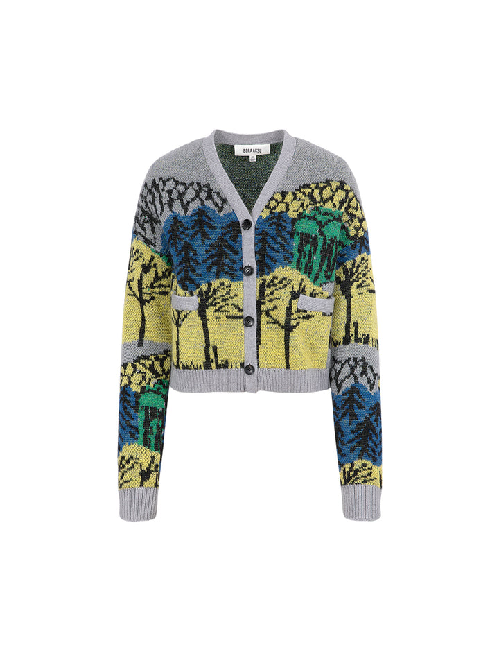 BORA AKSU V-Neck Loose Drop-Shoulder Long-Sleeve Printed Mohair Cropped Cardigan